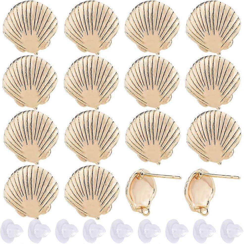 20Pcs Brass Stud Earring Findings with Vertical Loops Shell Shape with 30Pcs Plastic Ear Nuts Real 18K Gold Plated 11x11.5mm Hole: 1.2mm