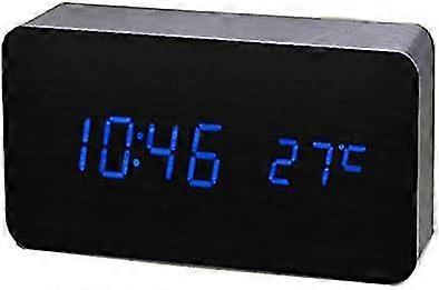 Artificial Wood LED Alarm Clock Digital Activation,Temperature/Humidity/Calendar Battery/USB Black_Blue