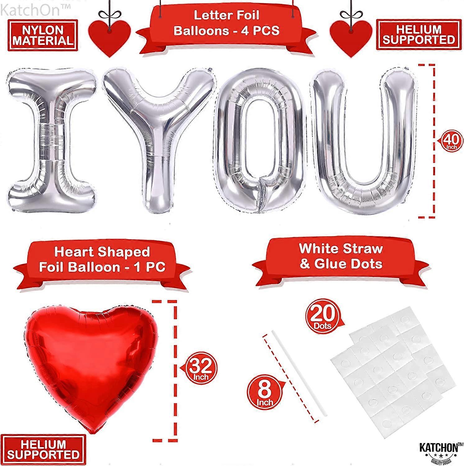KatchOn I Love You Balloons - 40 Inch Silver With Red Heart Romantic Decor
