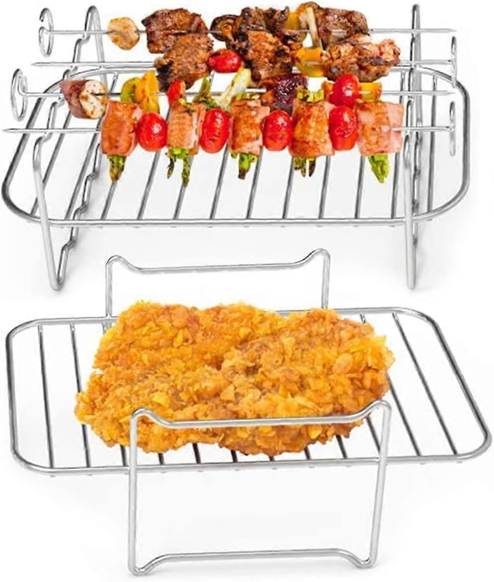 2Pcs Air Fryer Rack for Air Fryer, 304 Stainless Steel Multi-Layer Dehydrator Rack with 4 Barbecue Sticks Double Layer Rack Accessories for Double Bas