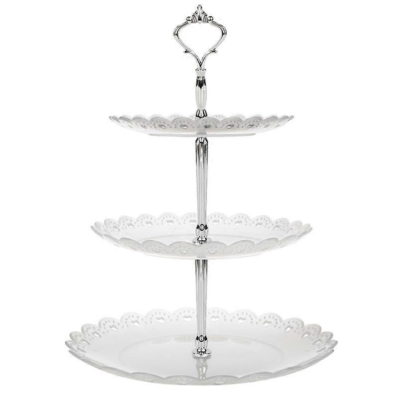 2pcs 3 Tiers Cake Stand, Large Capacity Plastic Cake Stand with Golden Crown Handle and Hollow Heart-shape Lace Detachable Dessert Tray ST-4