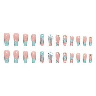 Verano 3d Lazo Decoración Azul Rosa Uñas Postizas Ligeras Y Fáciles De Pegar Uñas Postizas Estilo SHEIN