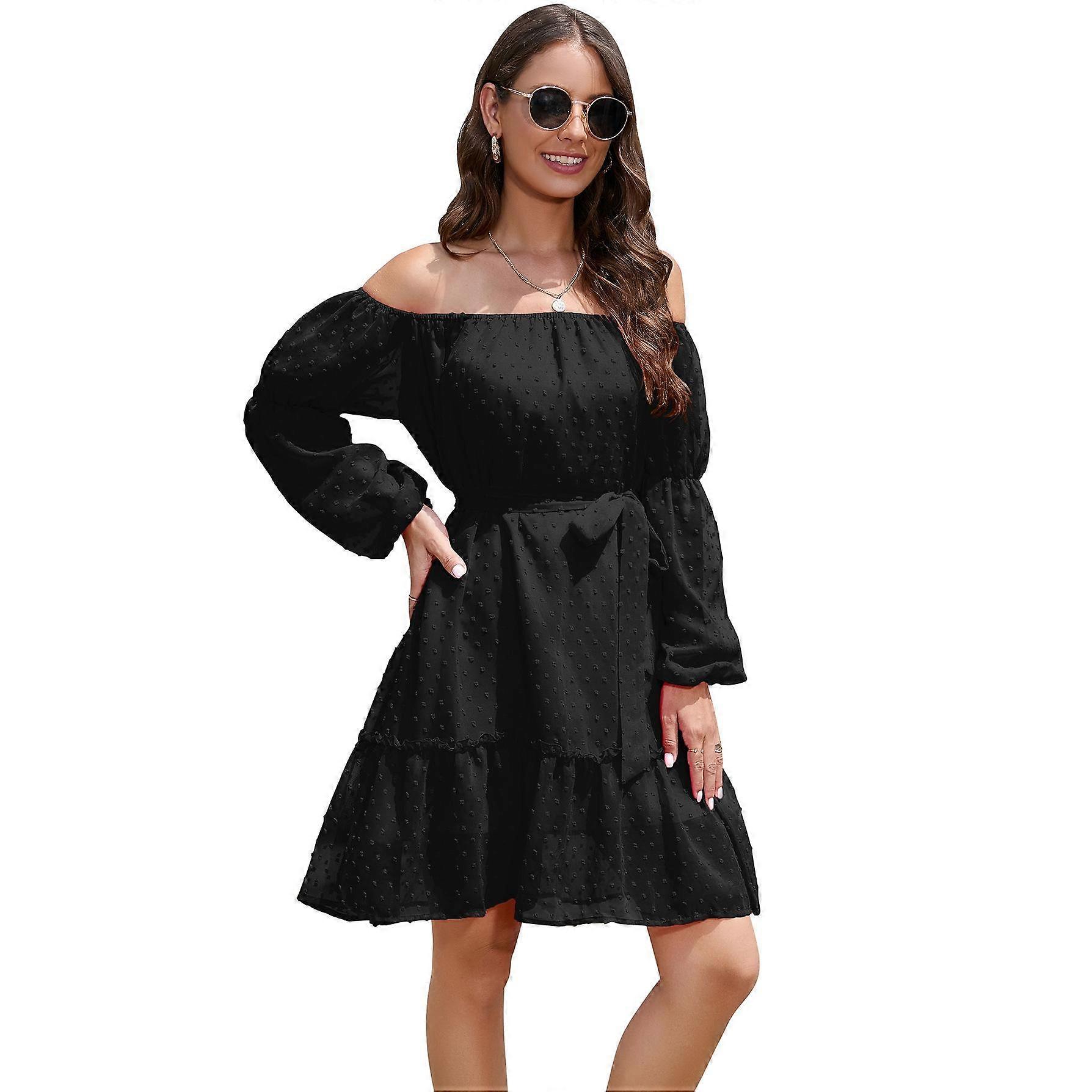Spring and Autumn Women's Dress Elastic Neck Long Sleeve with Lining and Belt Strapless Dresses