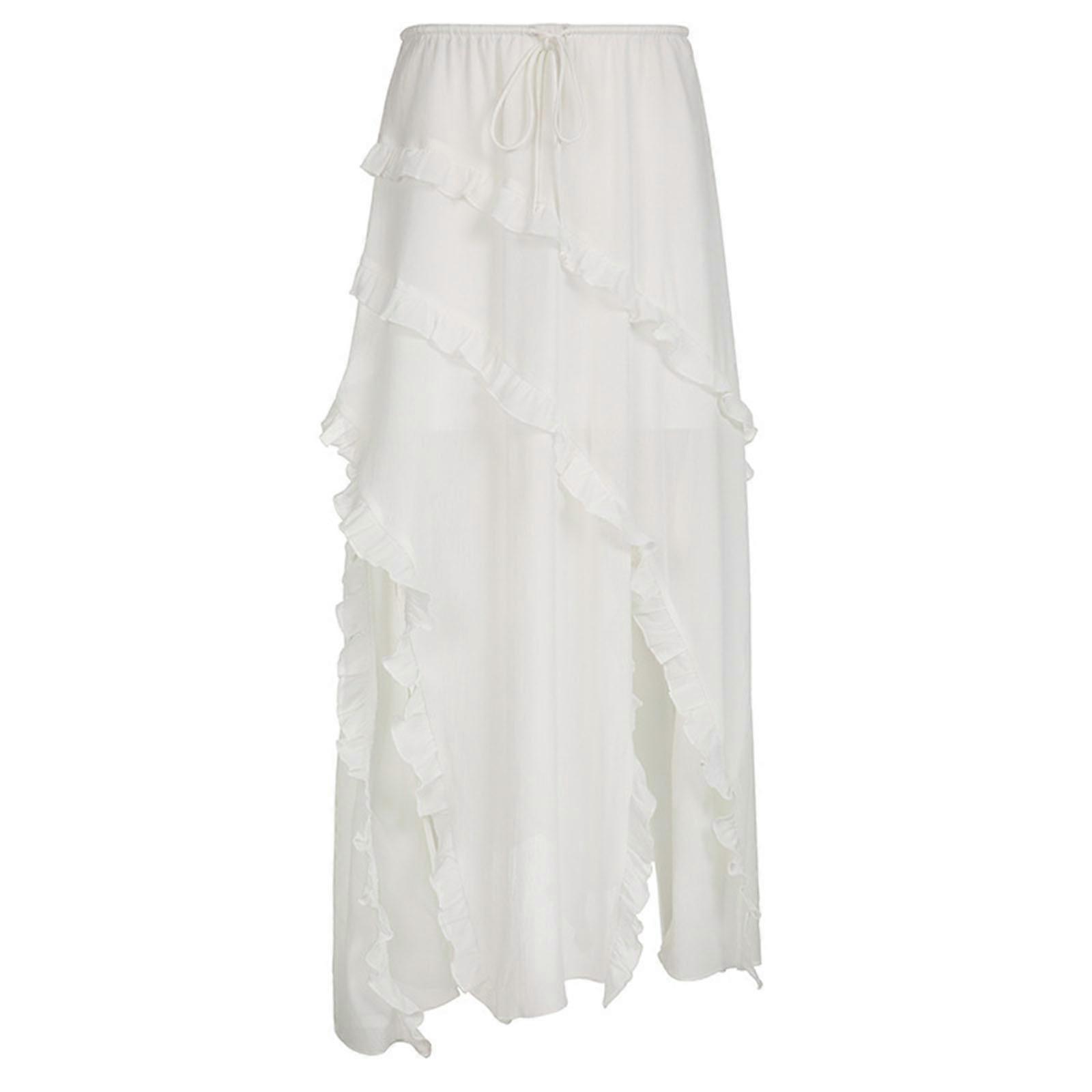 Womens Fairycore Tiered Ruffled Beach Flowy Long Skirt Drawstrings Waist Solid Split Asymmetrical A Line White Skirts S