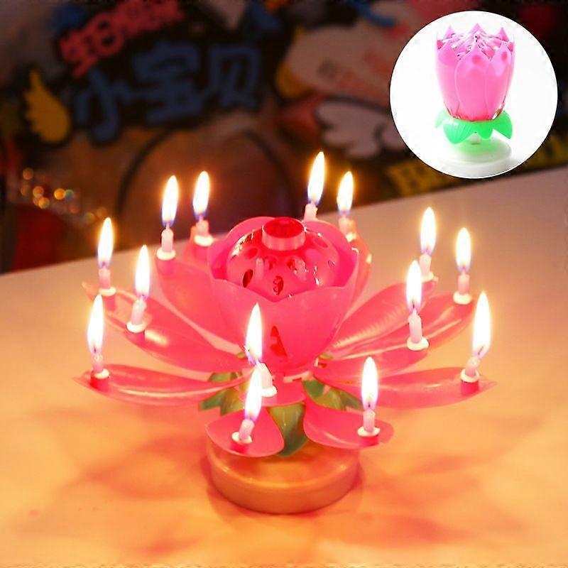 Aoresac 50Pack Blooming Lotus Flower Birthday Cake Toppers with Music Unique Birthday Party Decor Rotatable Double Layer 14Pcs Birthday Candles for Ca