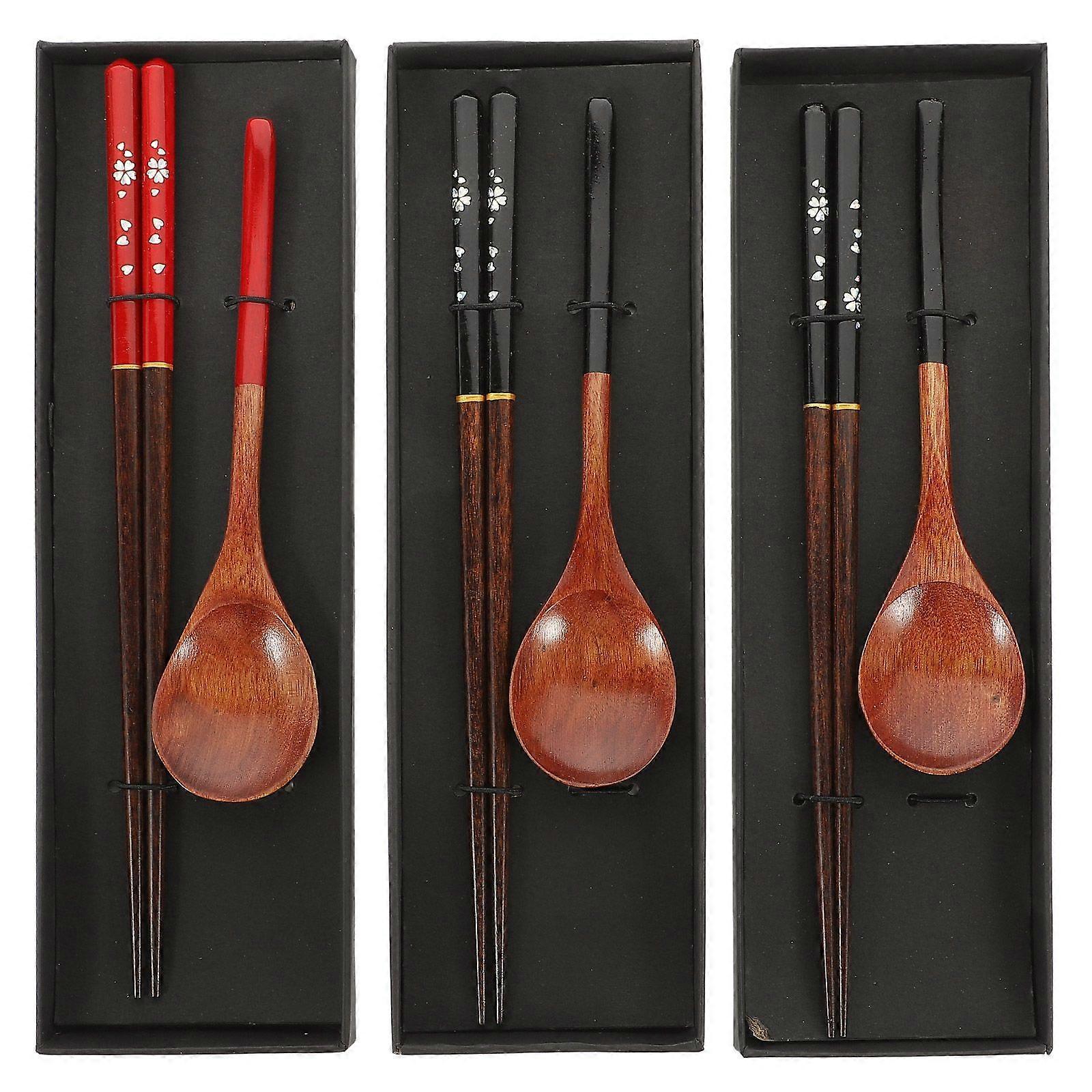 3 Sets Japanese Style Tableware Wooden Chopsticks and Spoons (Assorted Color)
