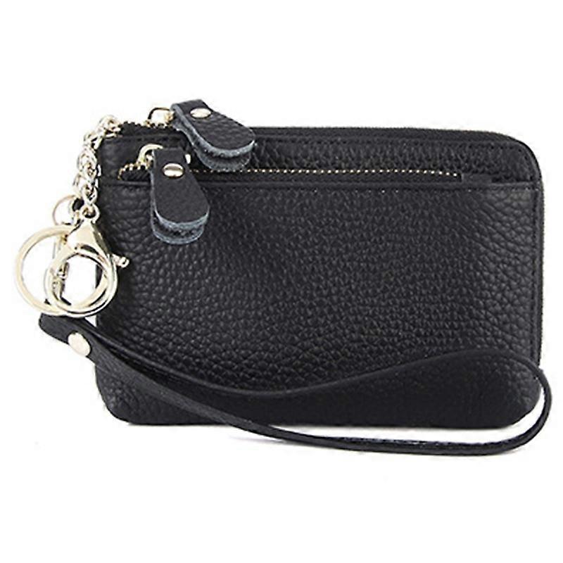 C30 Coin Card Holder Bag Top Layer Cowhide Leather Mini Wallet with Keychain and Wrist Strap-Black