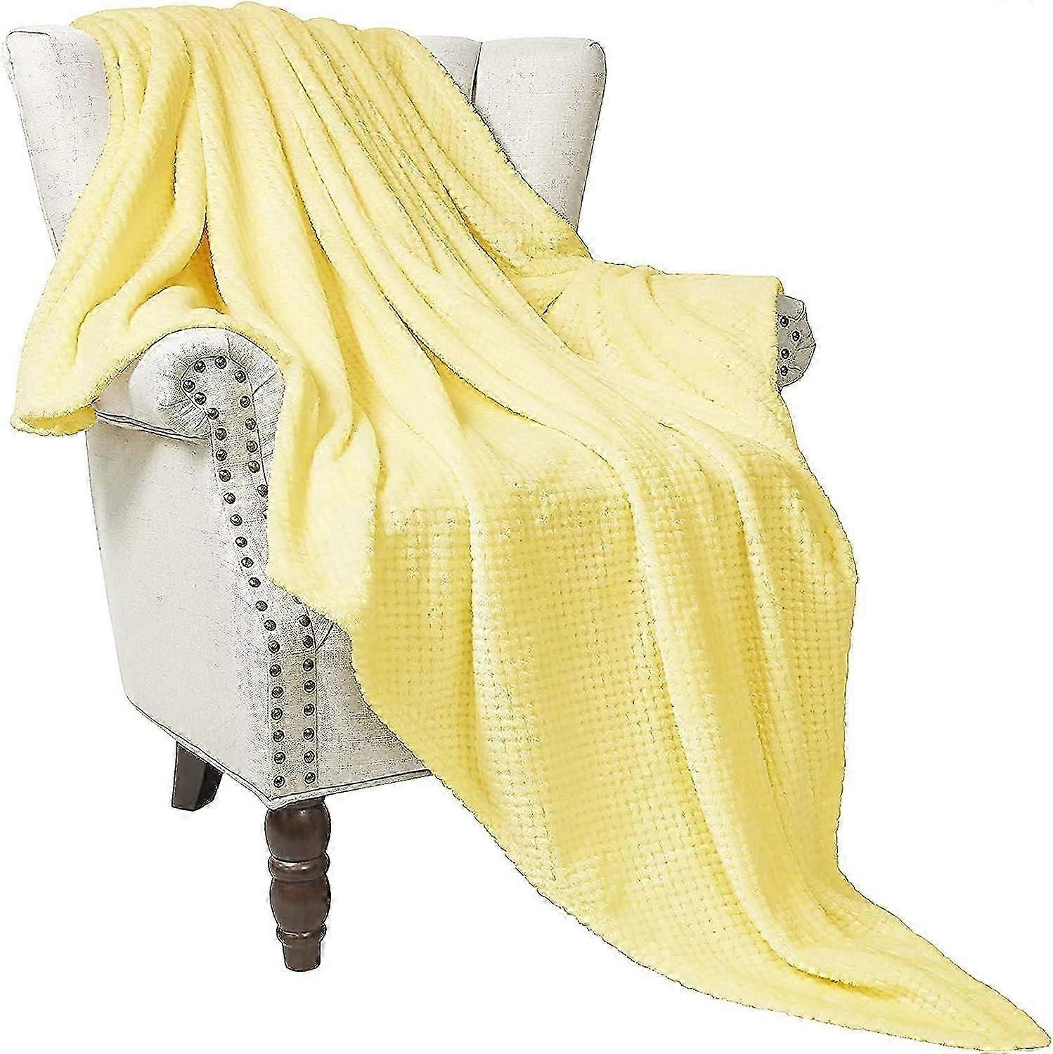 Waffle Textured Extra Large Fleece Blanket, Super Soft and Warm Throw Blanket for Sofa and Bed (Light yellow, 127*178cm)-Cozy, Fuzzy and Lightweight_L