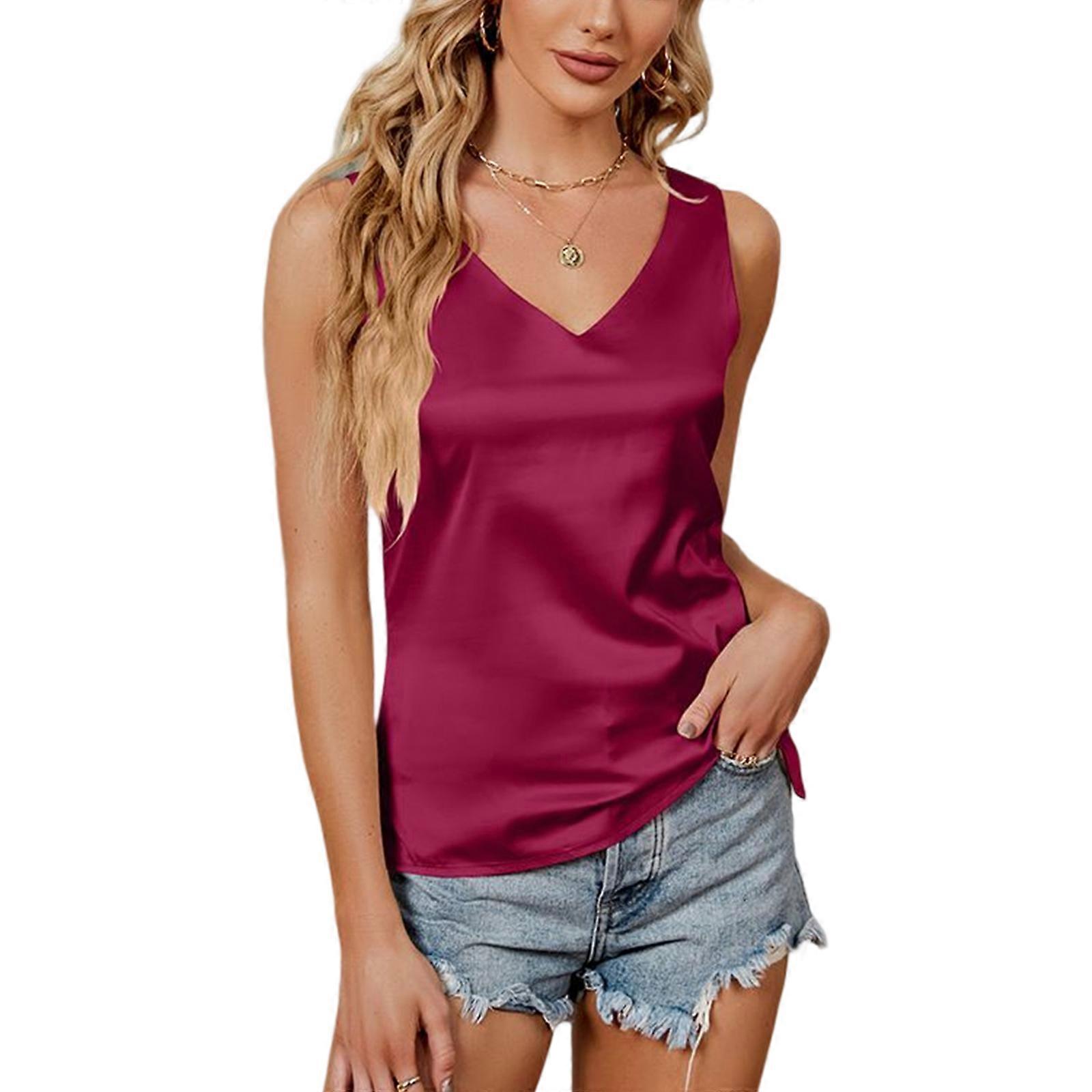 Womens Summer Casual Sleeveless Satin Tank Top Classic V-Neck Basic Solid Color Split Hem Loose Camisole Blouses Shirts  Claret XL
