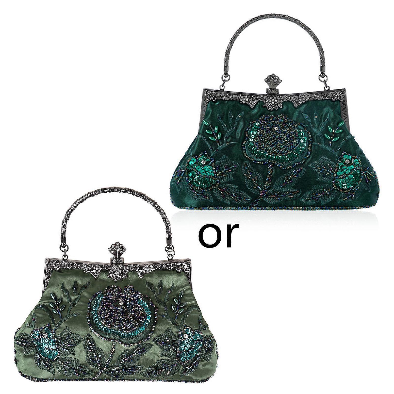 نمط عتيق مطرز الأزهار مساء مخلب حقيبة حفل زفاف حفلة موسيقية محفظة حقيبة يد أخضر داكن