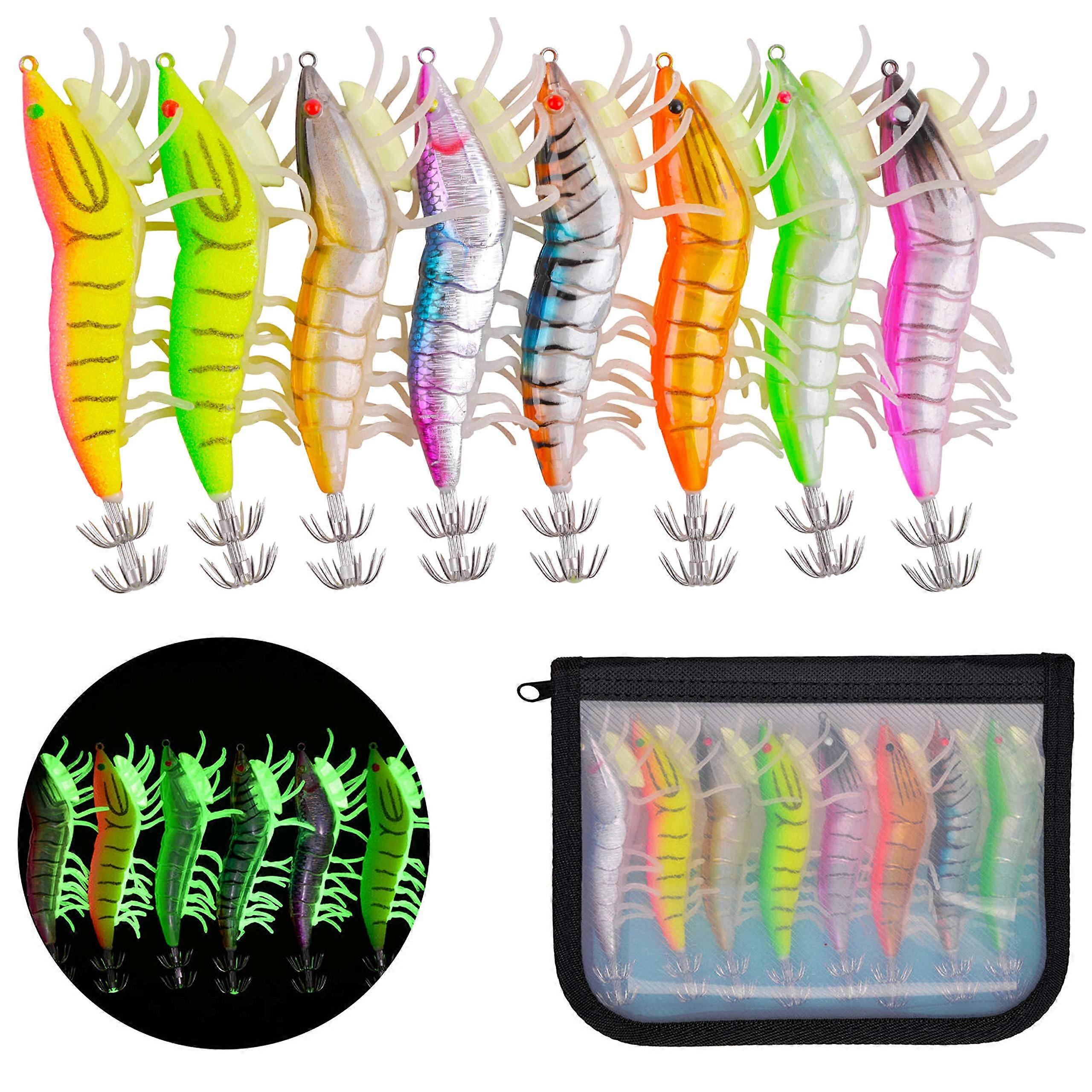 Glow Squid Jig Hooks Saltwater Fishing, 8pcs/Bag Luminous Squid Jigs Shrimp Prawn Set Lures
