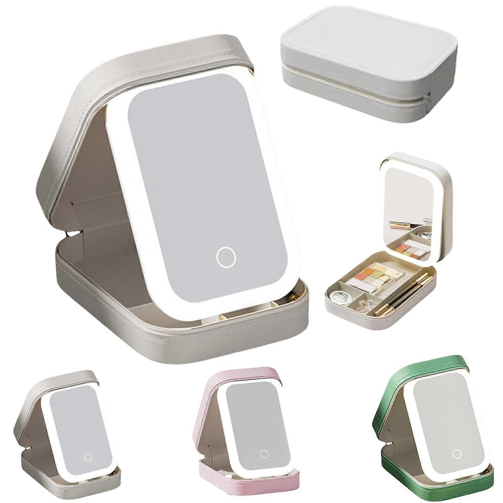 Travel Makeup Mirror with LED Light, Foldable Cosmetic Storage Box, Portable and Dustproof in White
