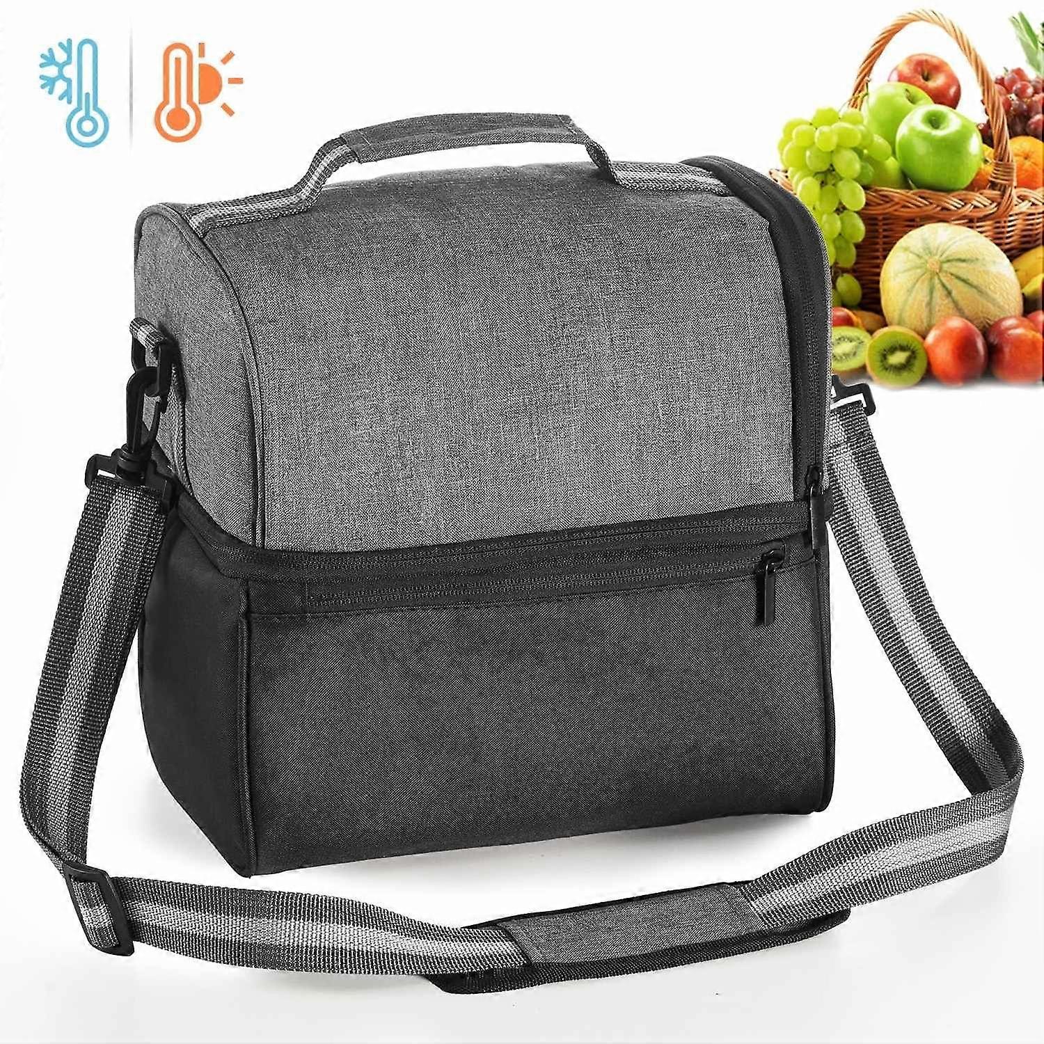 Insulated Lunch Box, Reusable Lunch Bag, Double Layer Lunch Tote Bag With Adjustable Shoulder Straps, Leak-Proof For Work, School, Picnic Gray