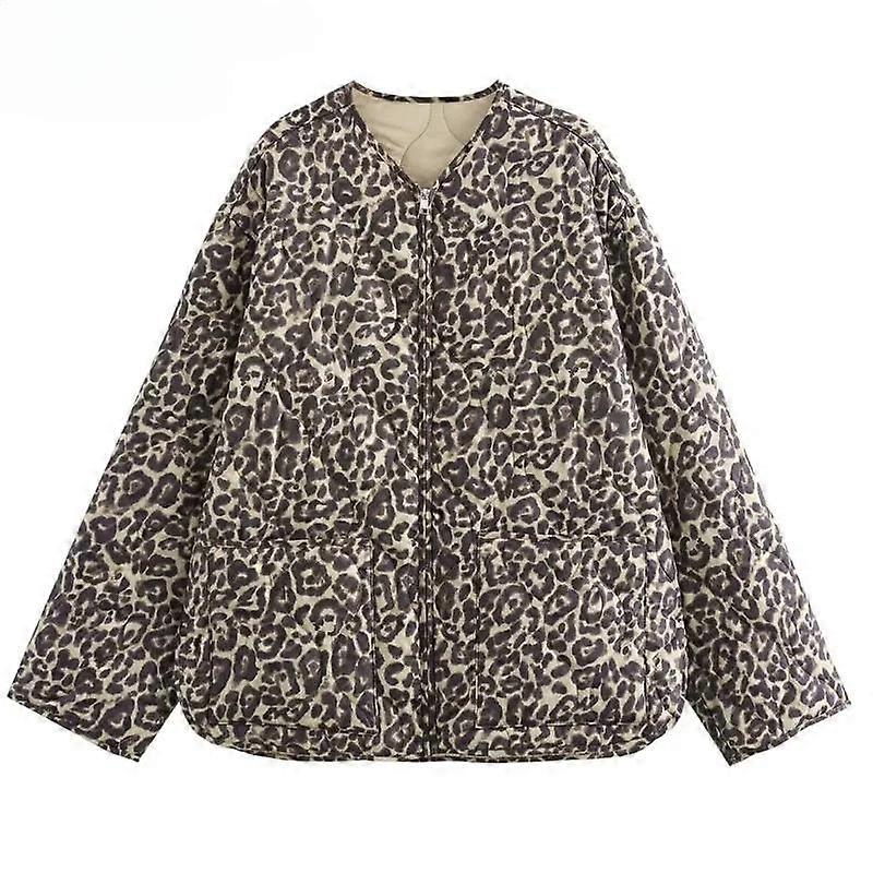 Parkas Leopard Tryck Quiltad Jacka Kvinnor Vintage Långärmad Vaddering Varm Vinter Kvinna Kappa Dragkedja Kort vadderad Jacka