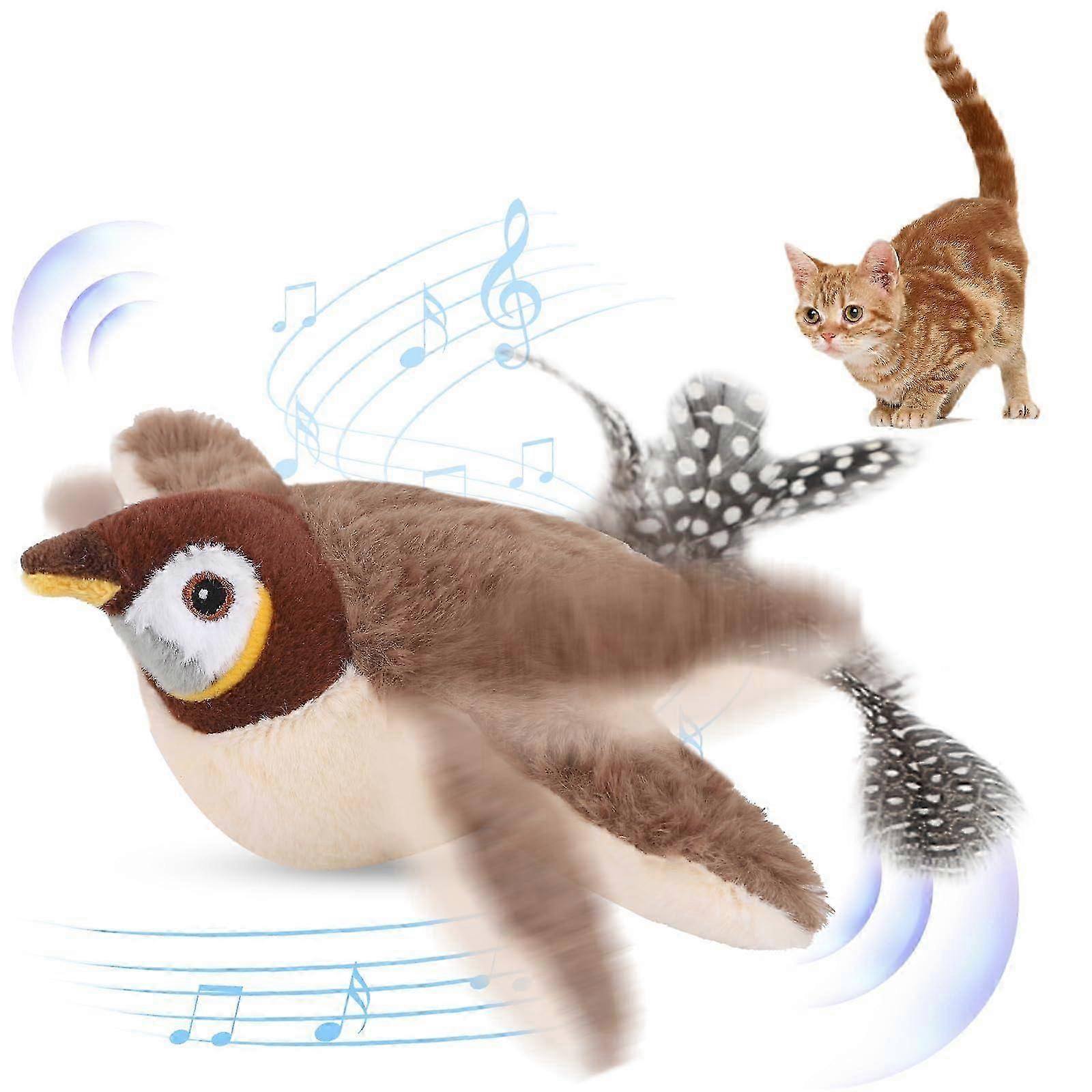Interactive Flying Flapping Bird Chirping Sparrow Cat Toy with Realistic Sound Brown