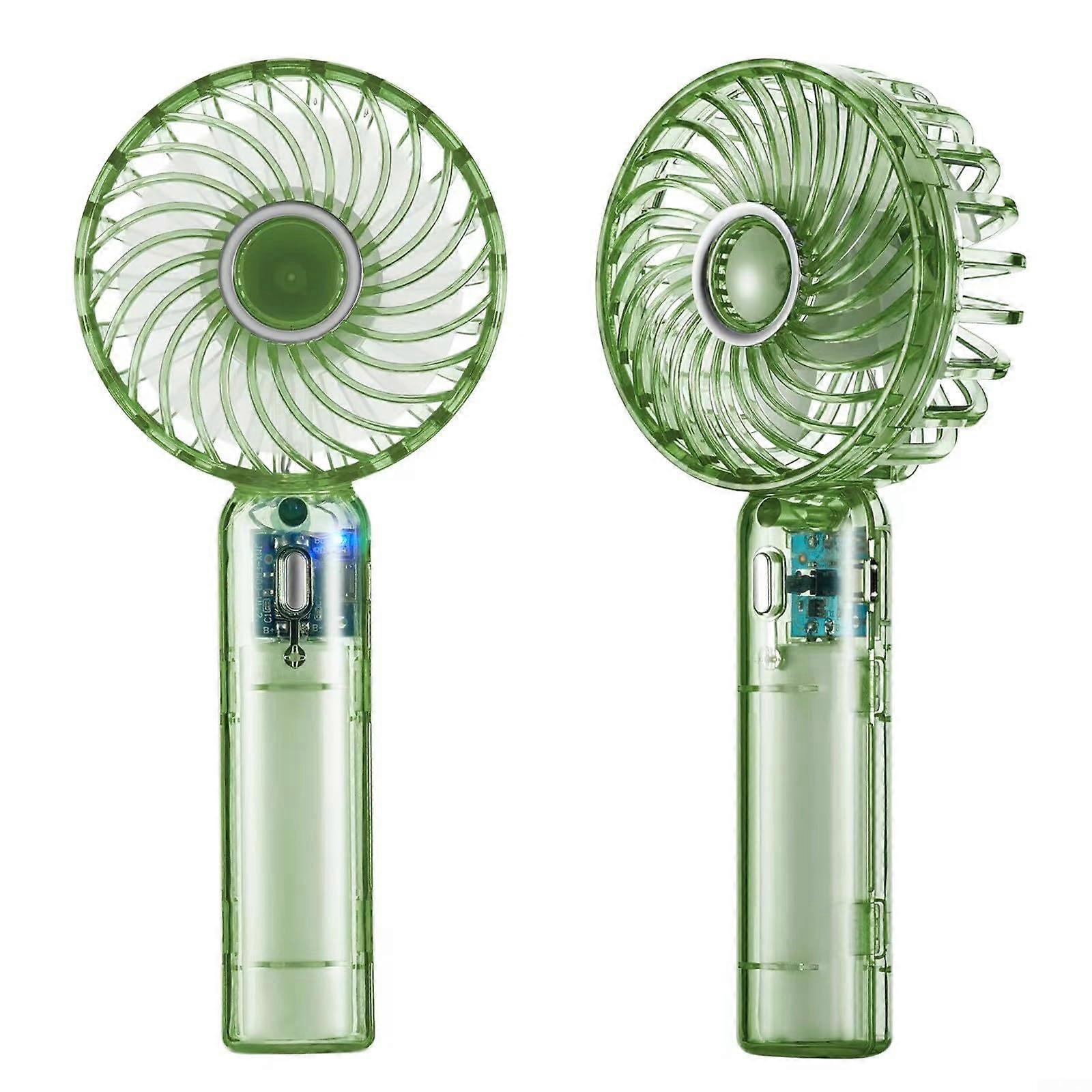 Compact, portable fan with innovative design, three speed levels and a longlasting battery (green).