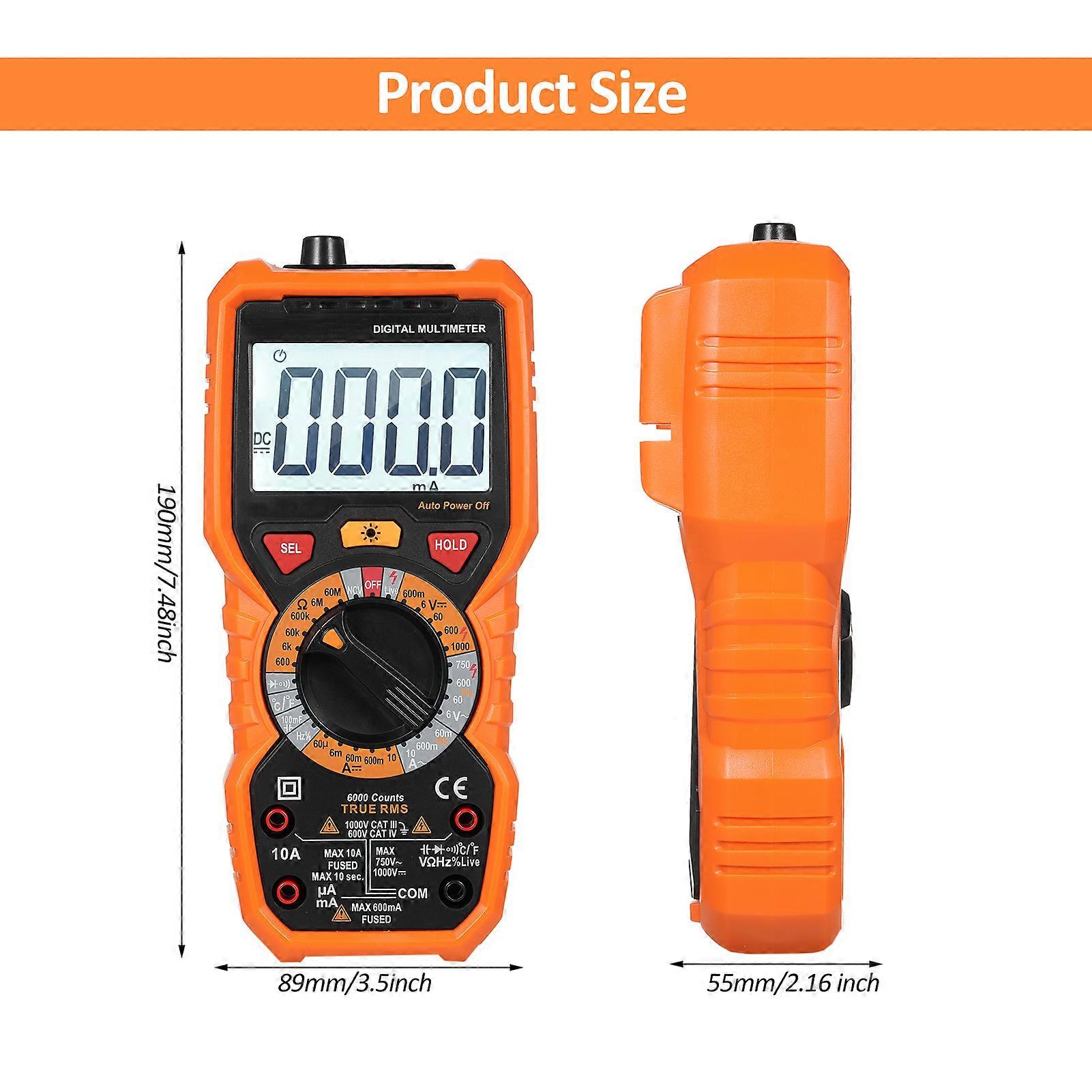 Digital Multimeter, True RMS Voltage Meter, Electrical Tester, 6000 Counts, Measuring AC/DC Voltage/Current, Frequency, Resistance, Capacitance, Cont