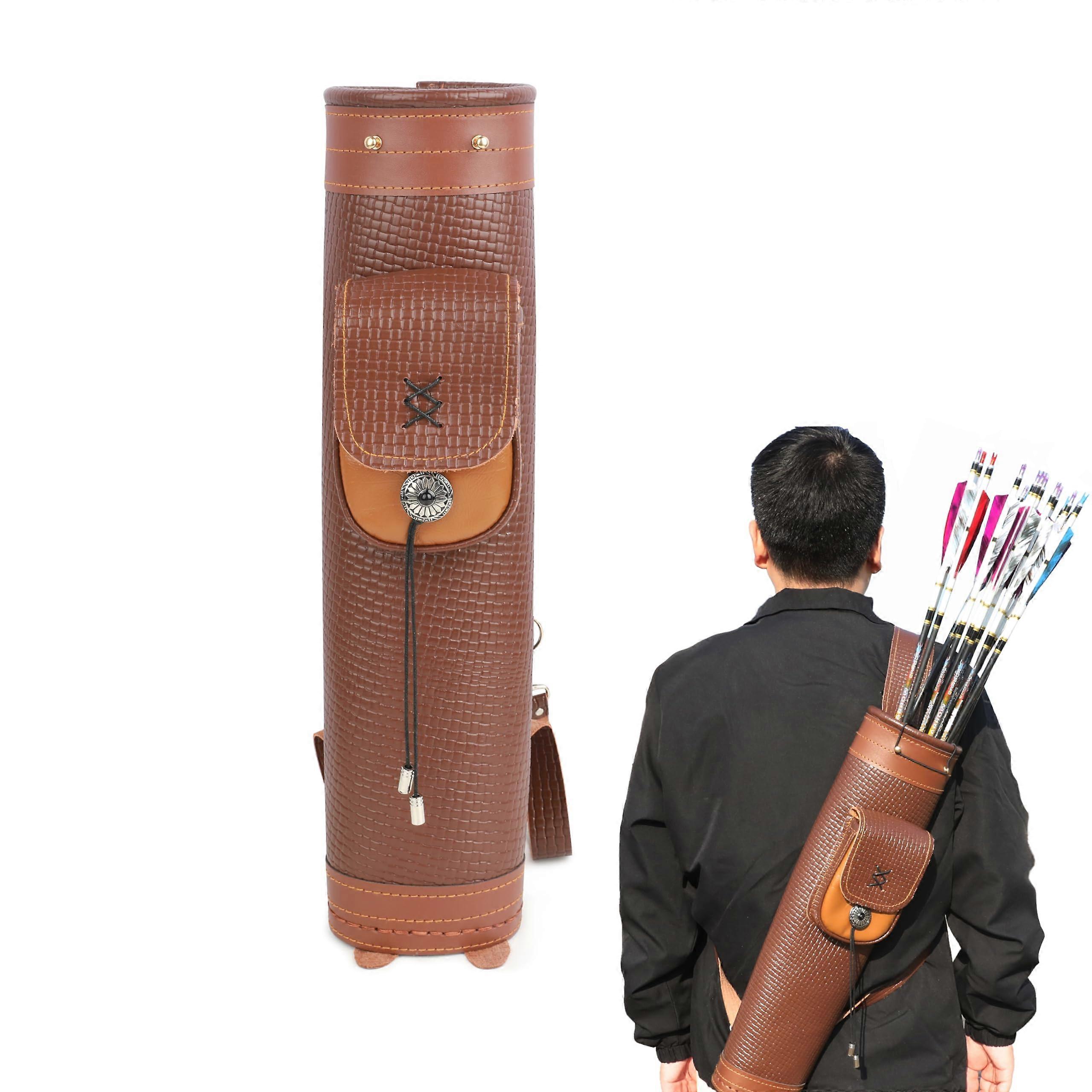 Arrow Quiver Archery Leather Back Quiver for Arrows with Large Pockets Adjustable Straps Belt Bag Left Right Handed for Hunting Shooting Brown