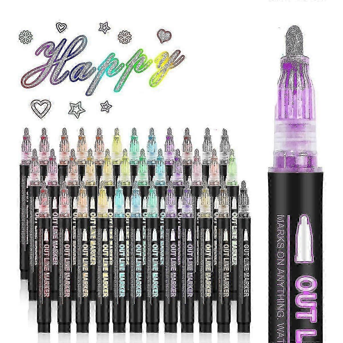 Double Line Outline Markers, 36 Colors Super Squiggles Shimmer Outline Marker Pen Set, Self Outline