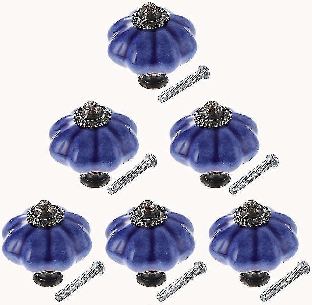 Antique Blue Ceramic Pumpkin Cabinet Knobs - Set of 6 Kitchen Drawer Handles