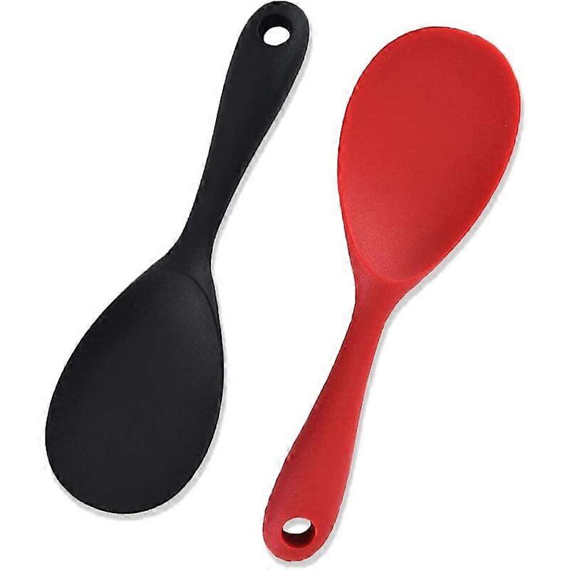 Set of 2 Silicone Soup Spoons, Rice Spoons, Cooking Spoons, Non-Stick Silicone Soup Spoons for Cooking and Baking (Black and Red)