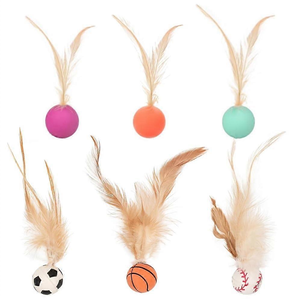 Kitten toys with feathers, biteresistant, springy, with feathers, 6 pieces in blue, orange, pink
