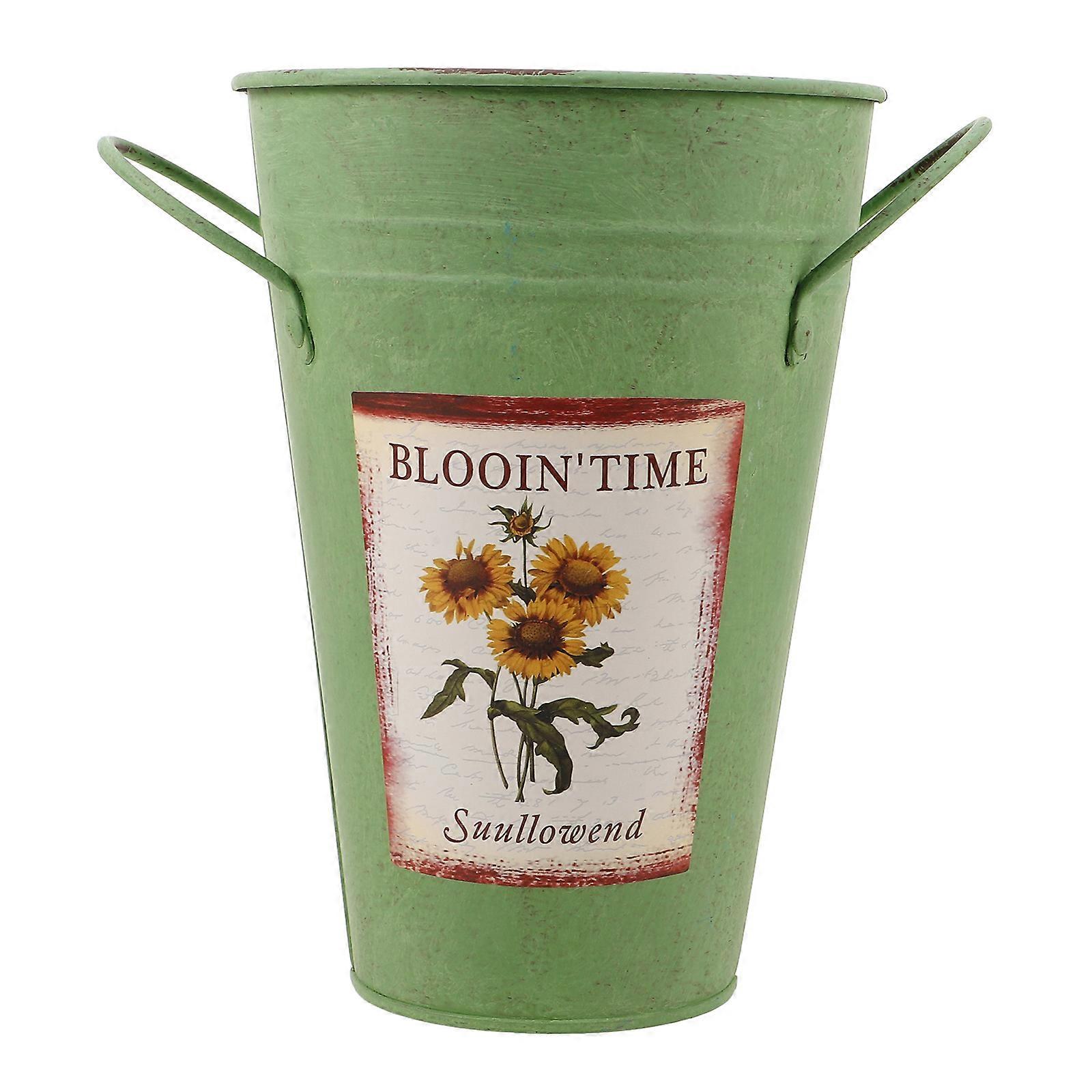 Vintage French Bucket Flower Planting Bucket Gardening Container Rounded Rectangular Green 18X20.2CM Anti-Rust Treatment 1Set