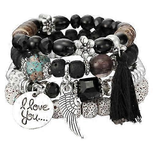 Conjunto de 4 Pulseiras Vintage com Borla de Asa Multicamadas para Mulheres - Joias de Moda com Contas de Pedra Natural e Pulseiras, Presente de Aniversário Perfeito