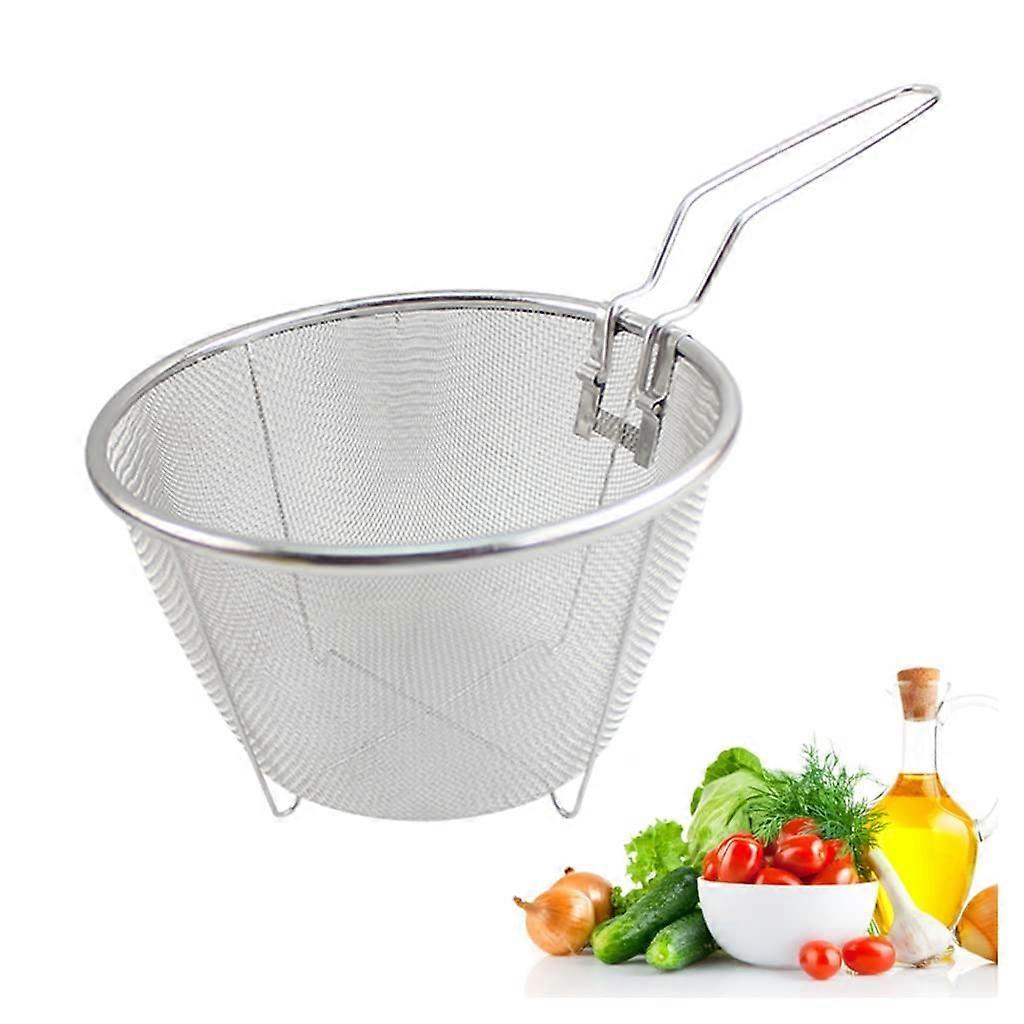 Frying basket, stainless steel mesh skimmer, multifunctional oil filter with ergonomic handle, silver