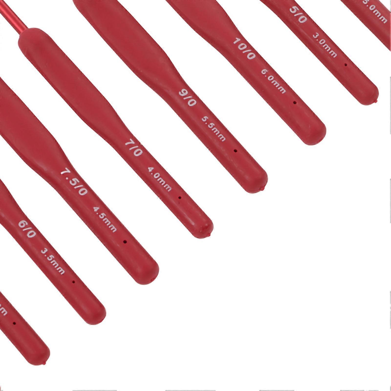 9pcs Crochet Hooks Red Aluminium Material Ergonomic Silicone Grip Portable Glossy Knitting Needles Set for Weaving