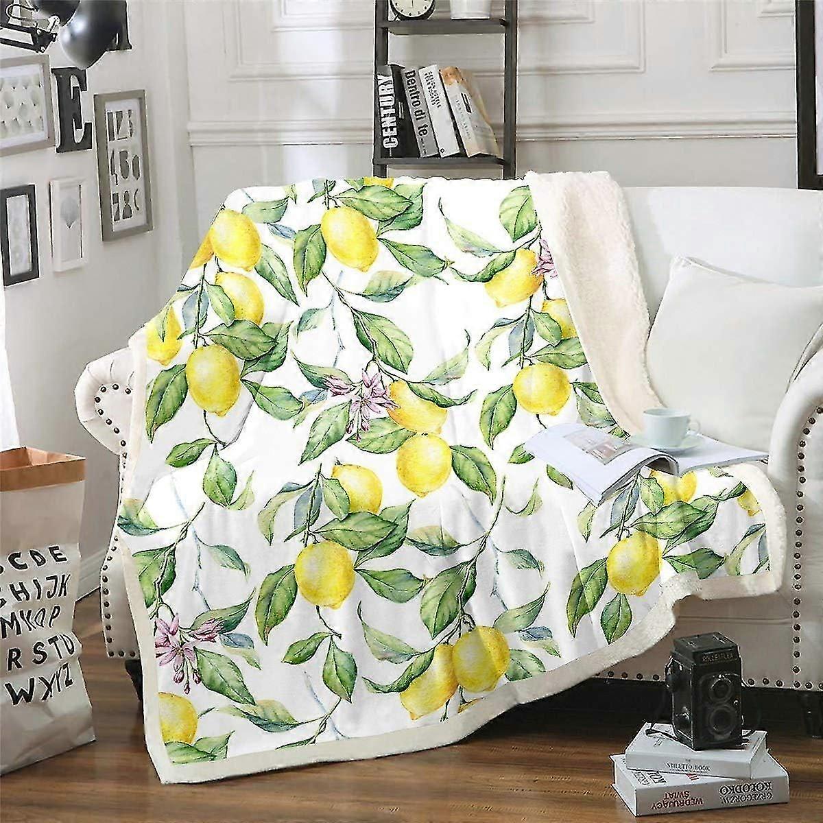 Lemon Sherpa Blanket Tropical Fruit Print Fleece Throw Blanket for Kids Women Adults Botanical Lemon Plush Blanket Leaves Branches Fuzzy Blanket for S