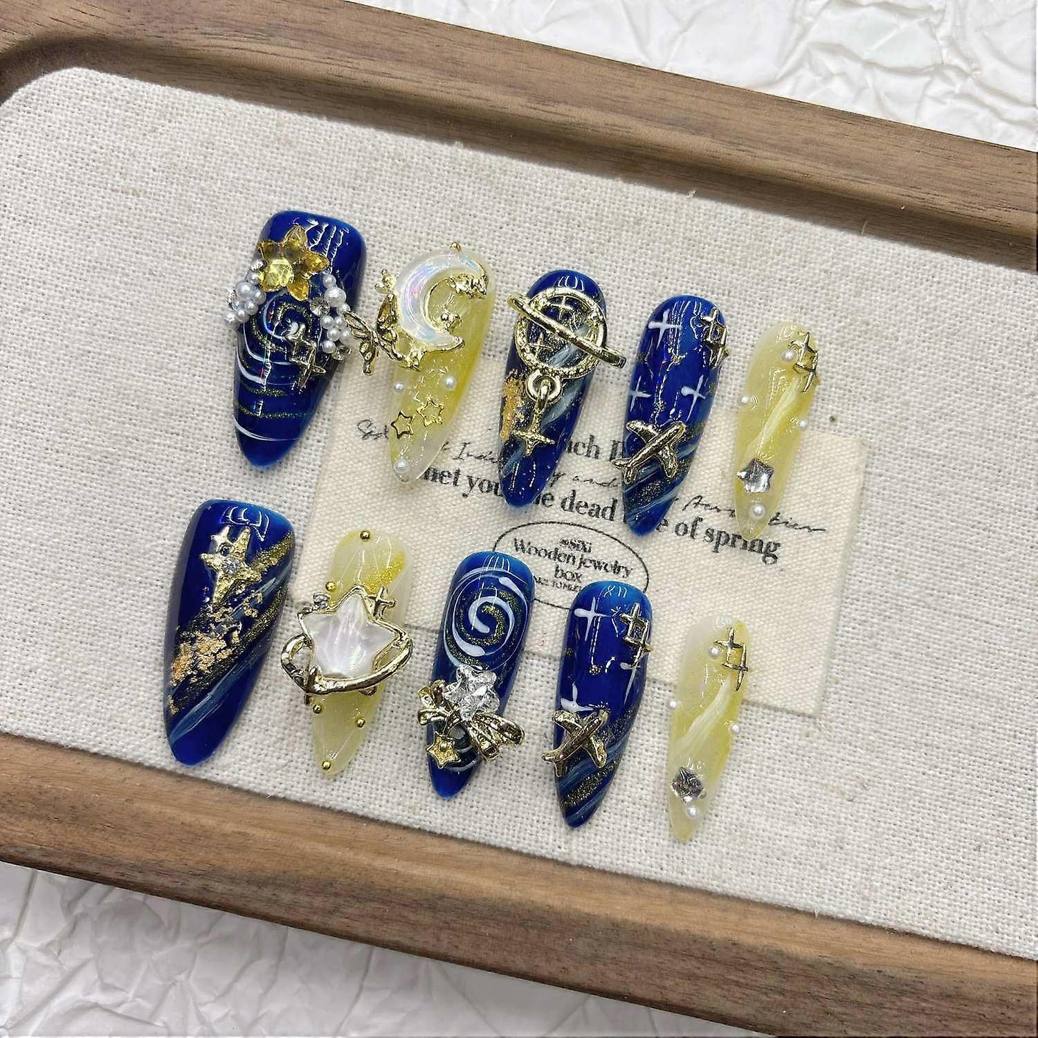 Blue Cat Eye Press on Nails Long Coffin False Nails Handmade