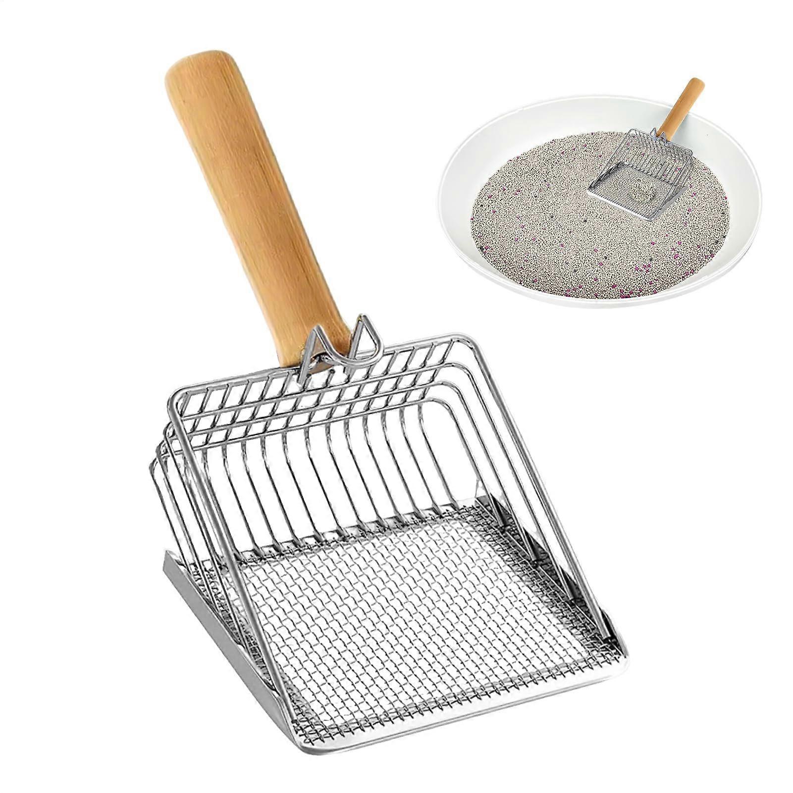 Cat litter scoop with ergonomic handle for litter box easytoclean stainless steel shovel with wooden handle for indoor use.