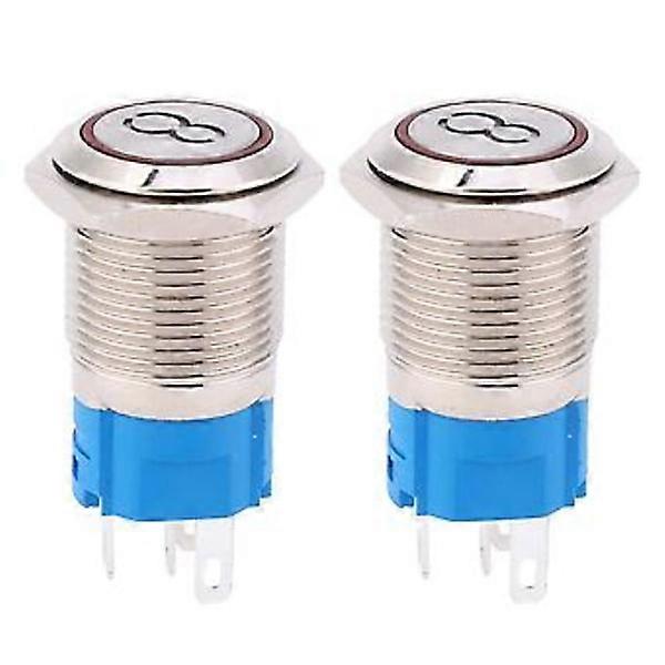 2 pcs 16mm Button Switch Stainless Steel Flat Head Self-Resetting 5-Pin Button with '8' Symbol Red 220VAC
