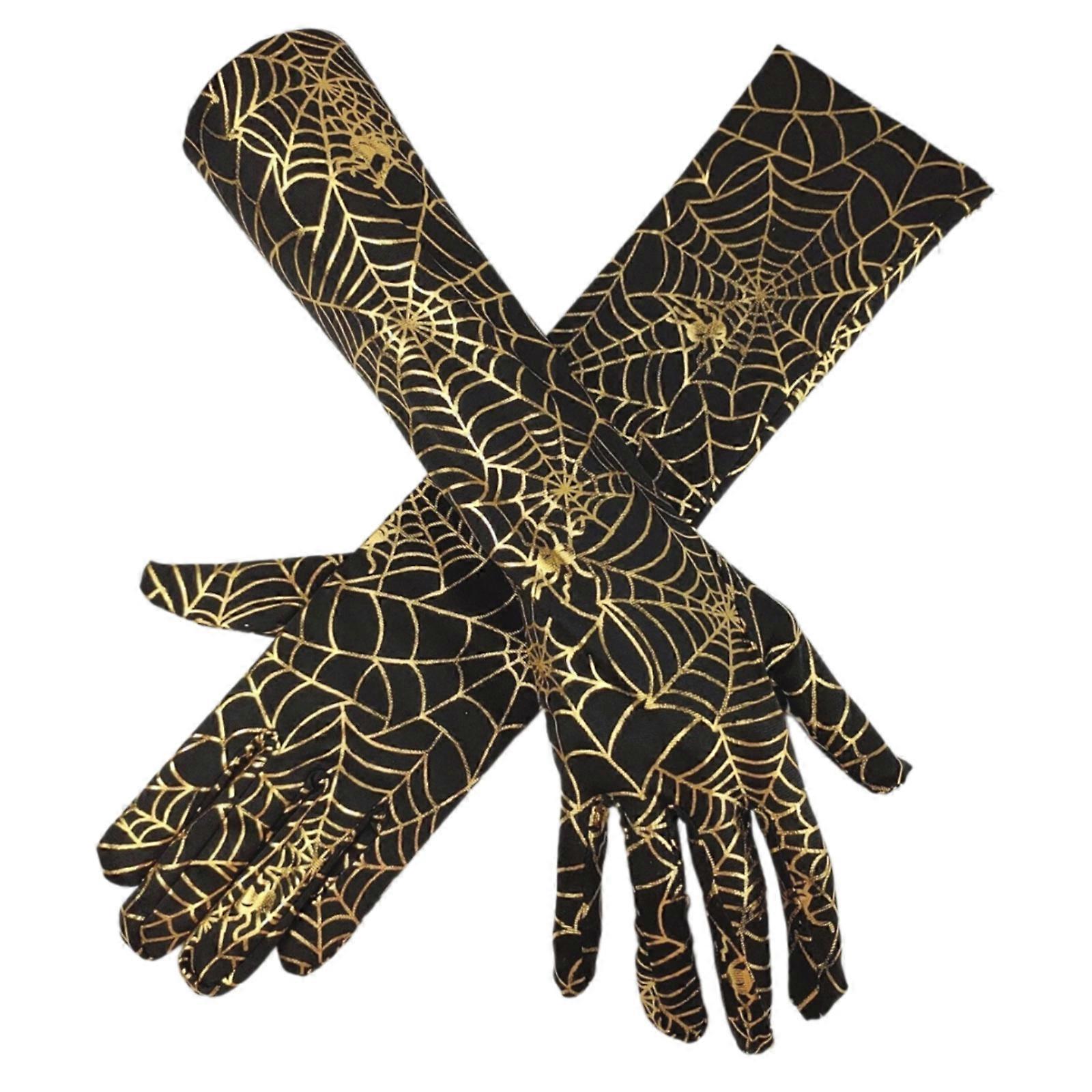 Halloween Party Gloves with Gold Spiderweb Pattern Design Comfortable Breathable Arm Gloves For Costume Parties Cosplay Multicolor