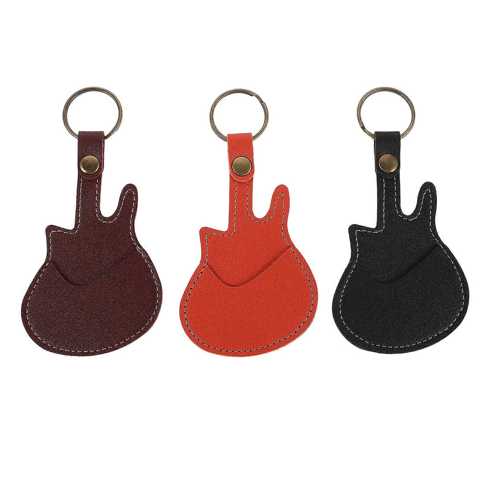 3pcs Guitar Keychain Holder with PU Plectrum Case, Portable Travel Accessory with Card and Key Organizer, Black Brown Orange