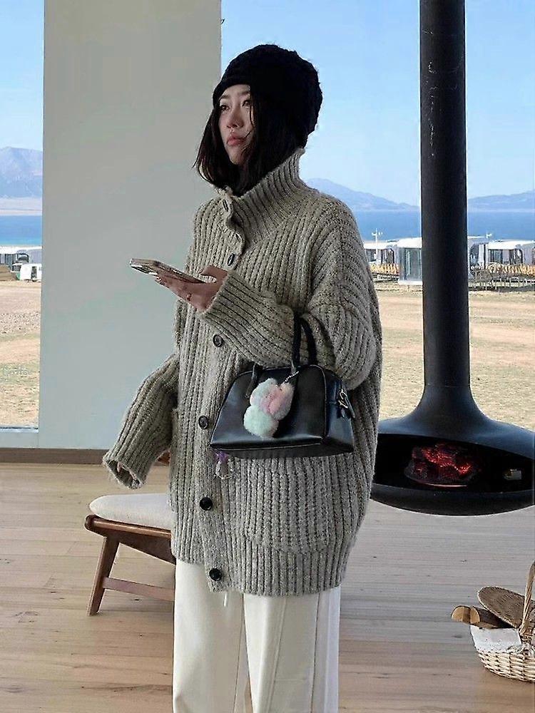 A Korean-Style Laid-Back High-Neck Cardigan Sweater Women's Coat With A High-End Feel For Spring And Autumn, A Loose, Soft And Thick Knitted Top