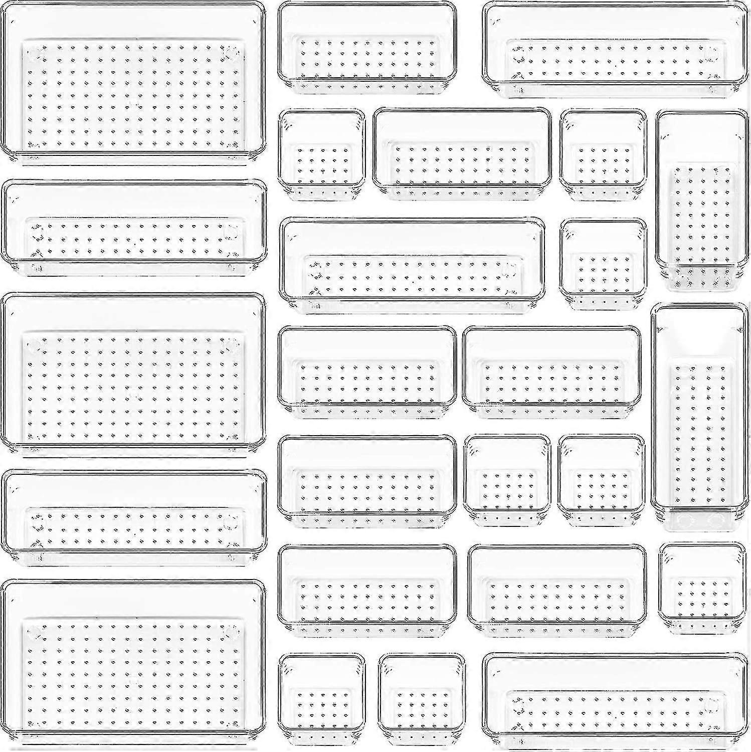 25 قطعة مجموعة منظمات درج بلاستيكي شفاف ، 4 أحجام حمام متعدد الاستخدامات وصواني منظم درج الغرور