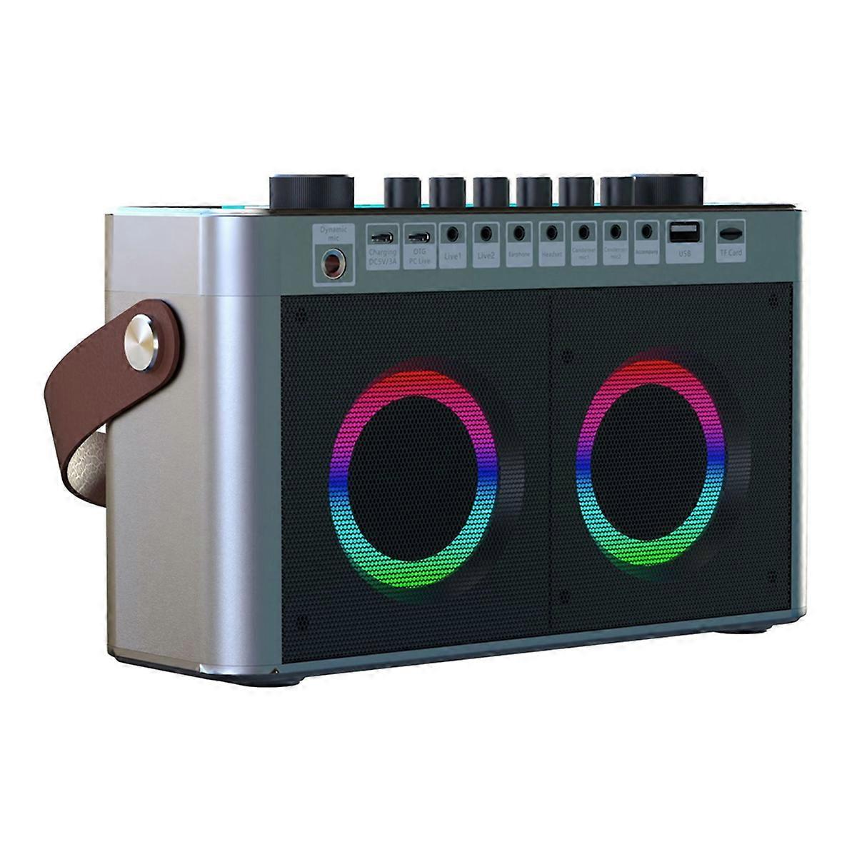 Karaoke Portable BT Wireless Sound Card Speaker with 2 Wireless Microphones RGB Sound Integrated Machine Home KTV