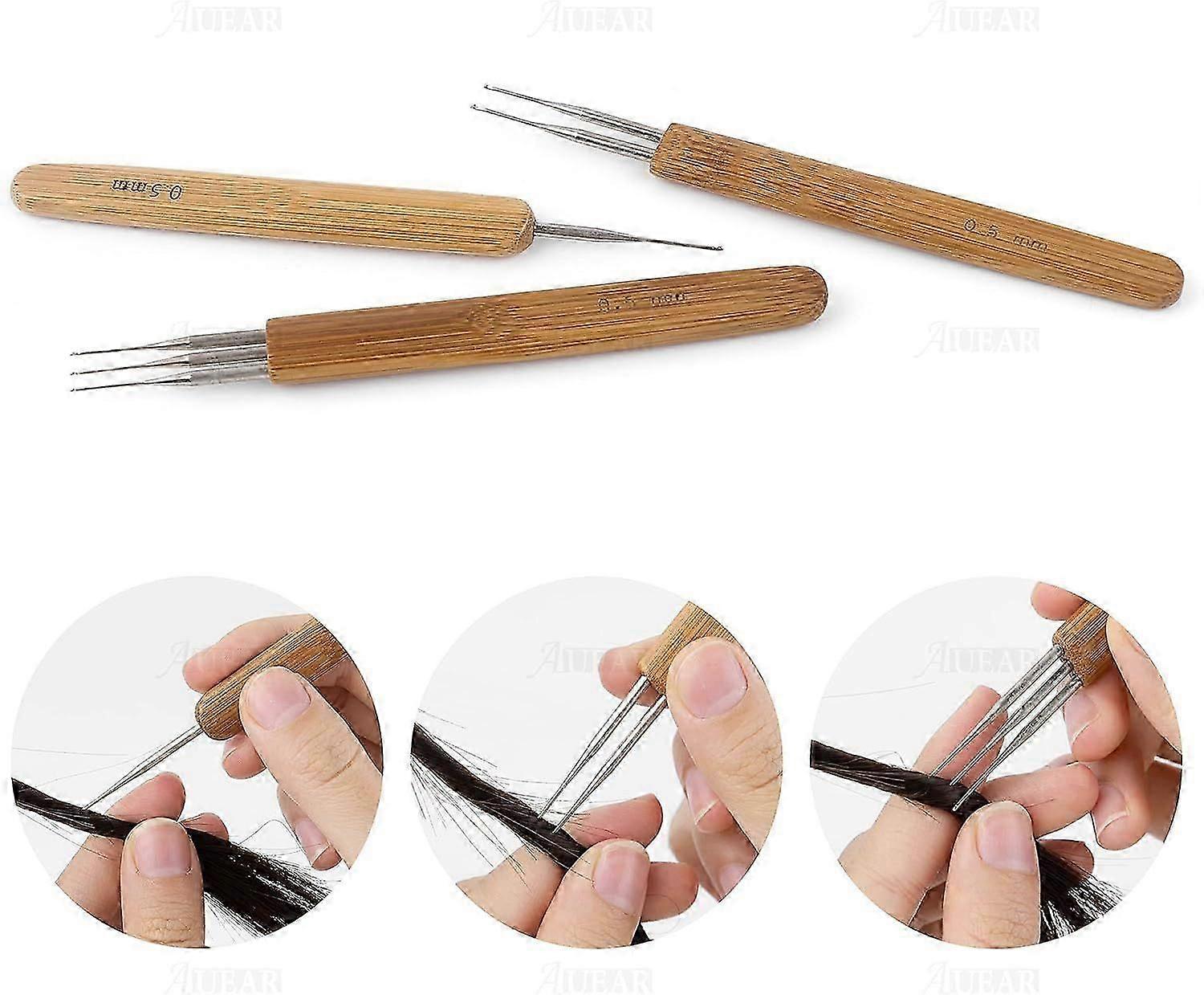Dreadlocks Crochet Hooks for Hair 3Pcs (1 Hook+2 Hooks+3 Hooks) Bamboo Handle Locs Crochet Needle Steel Crochet Hook Lock for Braid Craft,0.5mm