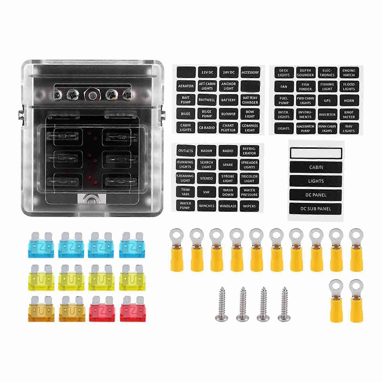 6-Way 12V-24V Car Power Distribution Blade Fuse Holder Box Terminal Circuit with Fuses