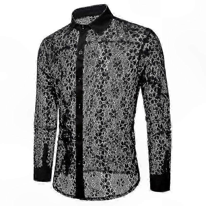 Sheer Fishnet Shirts for Men, Lace Button-Down See-Through Tops