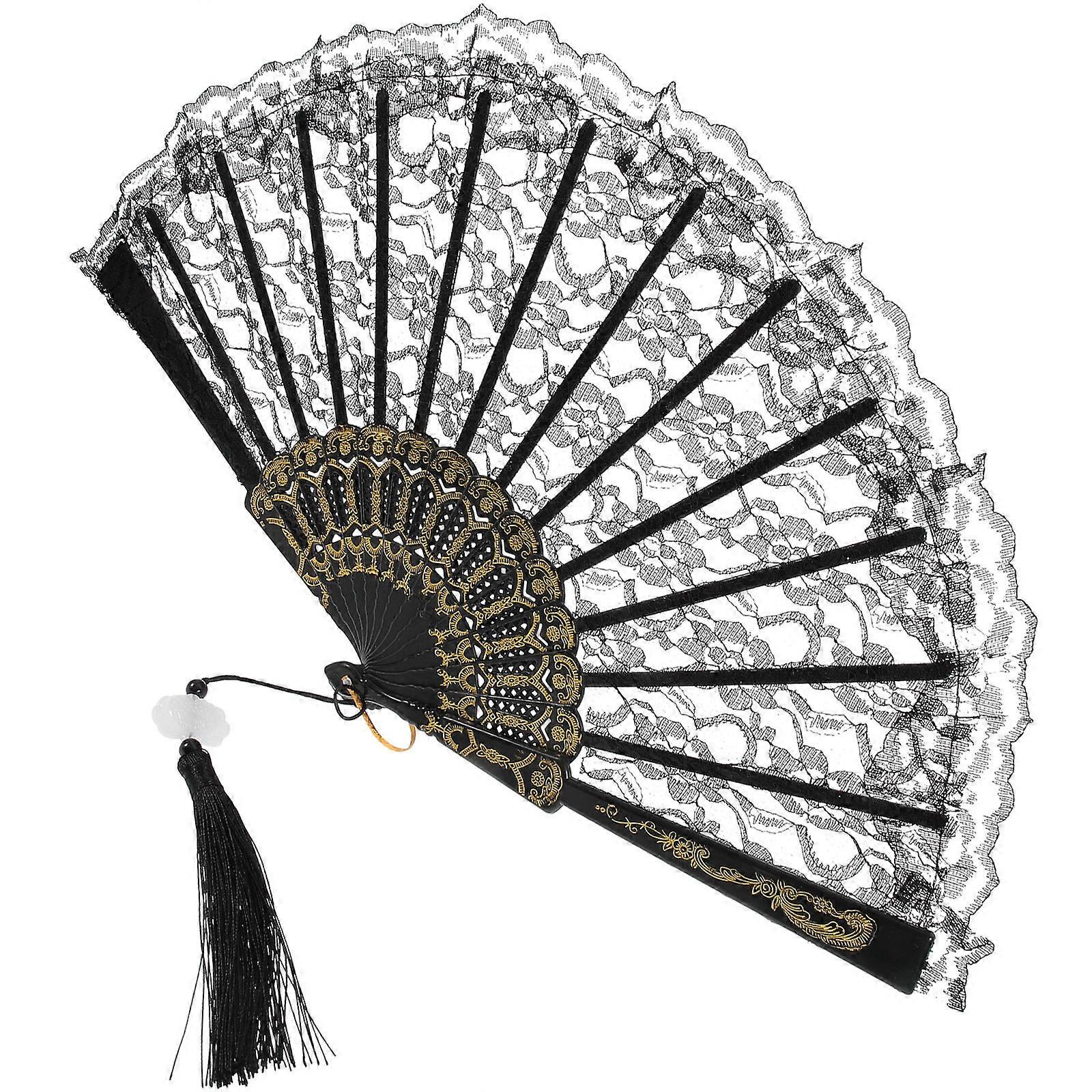 Lace Hand Fan Folding Fan with Tassel for Home Use 2Pcs Black Elegant Design