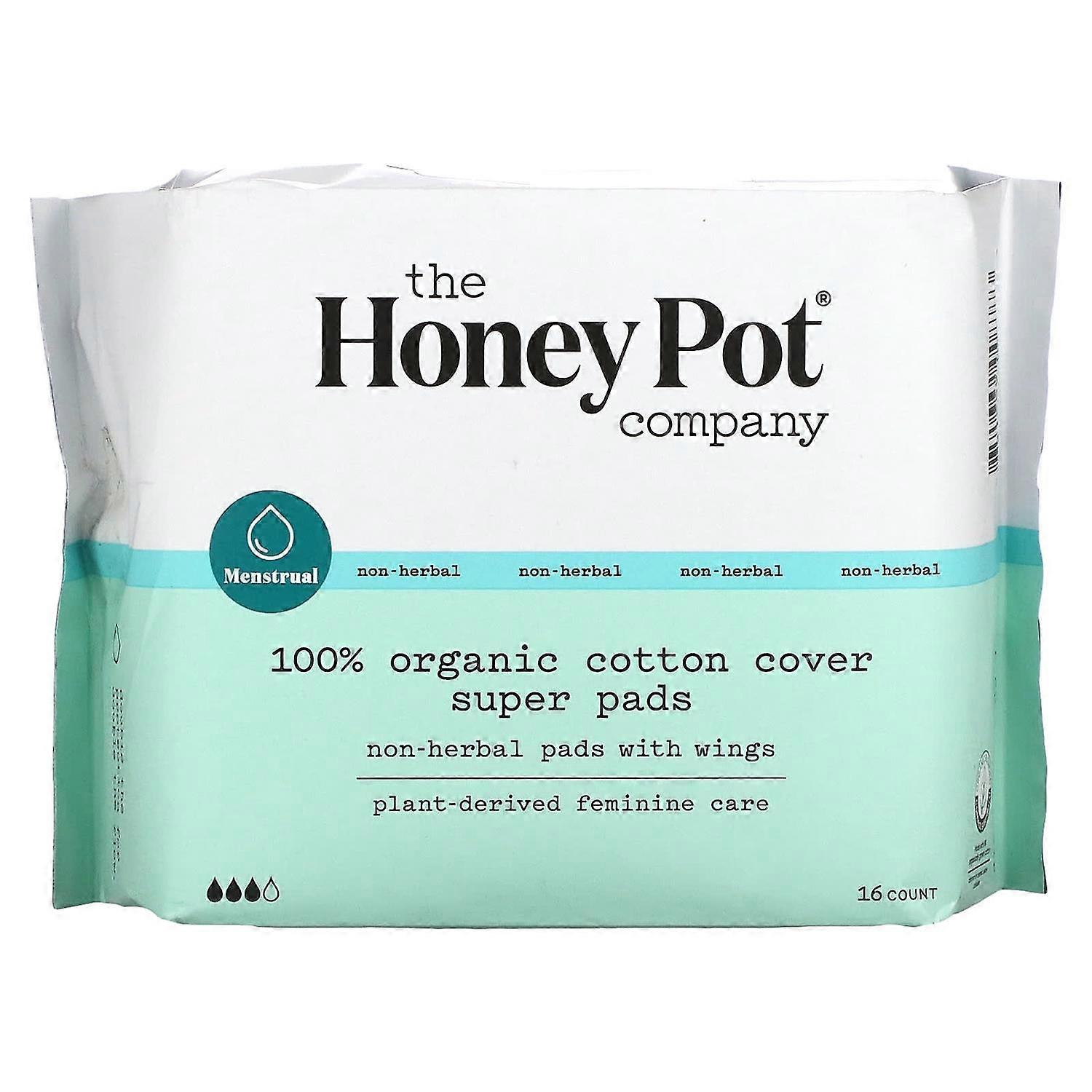 The Honey Pot Company, 100% Organic Cotton Cover, Non-Herbal Pads with Wings, Super, 16 Count