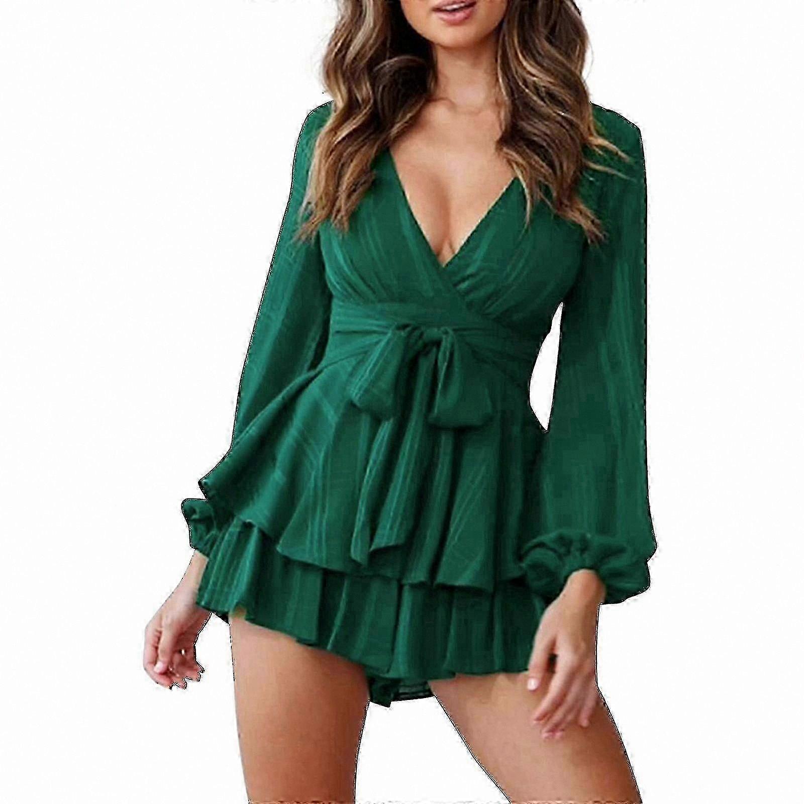 Women's Summer Casual Solid Long Sleeve Jumpsuit with Suspender Shorts V-neck Design