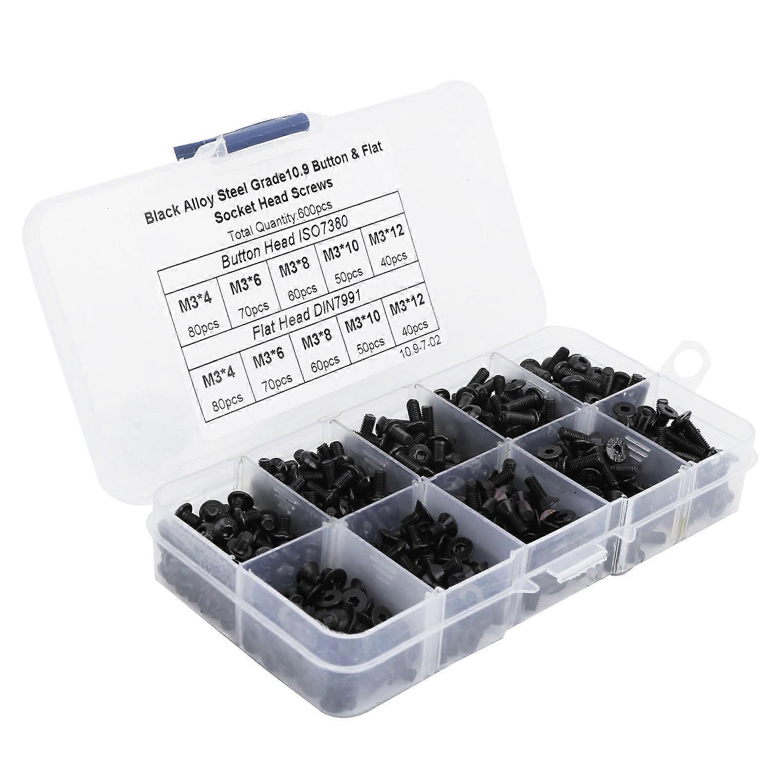 600Pcs Hex Socket Screw Set Alloy Steel Pan/Flat Head Hardware Repair Tools Boxed