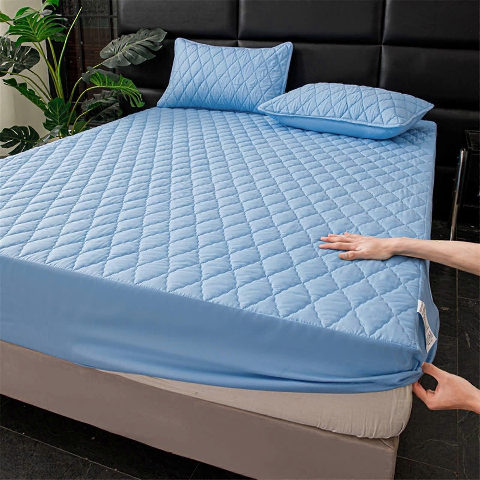 Bed Fitted Sheet with Pillowcases Light Blue 180x200cm Solid Rhombus Pattern Mattress Protector