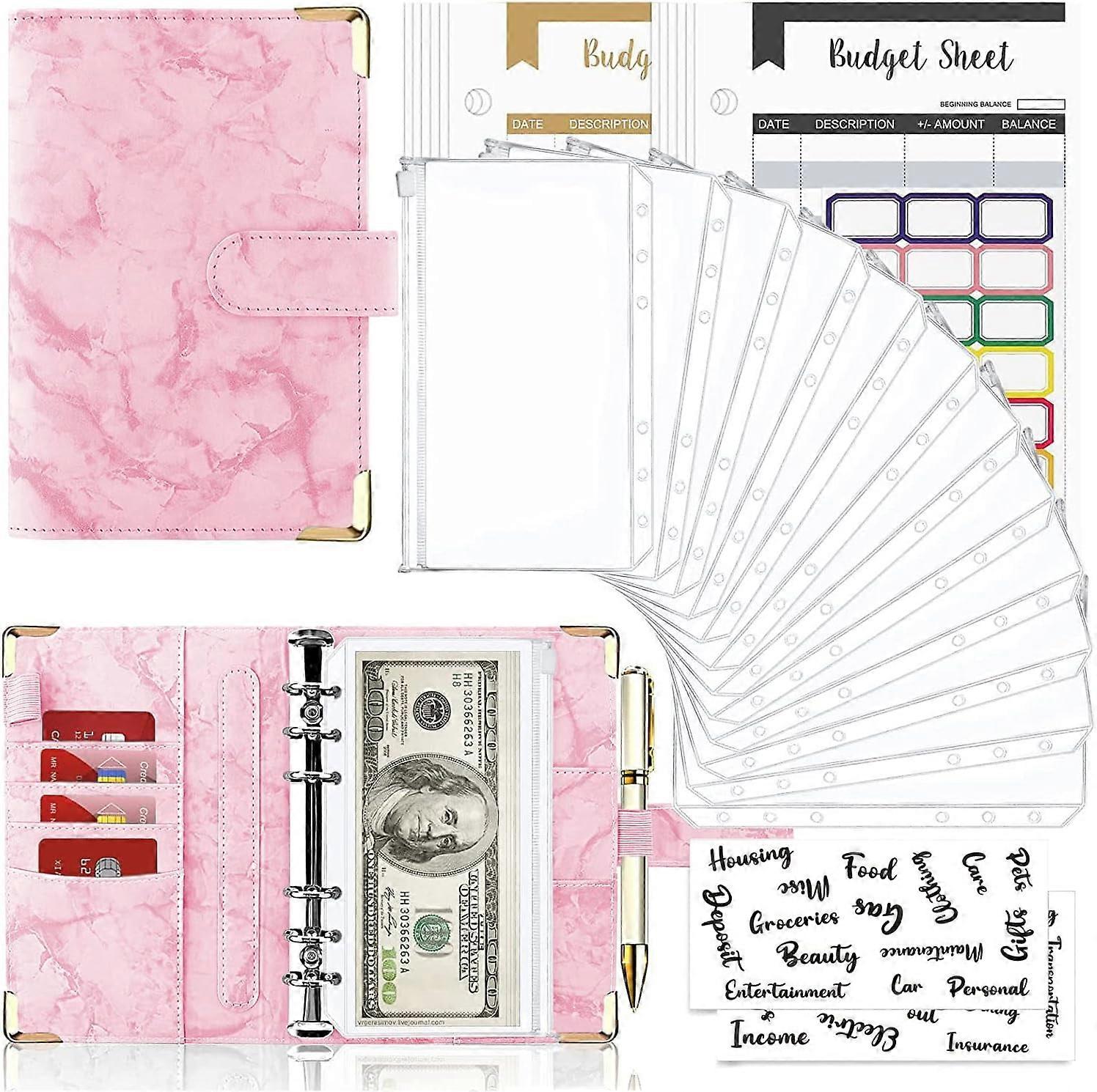 A6 notebook folder, expense budget sheets and labels for budget organizer, cash budget envelopes, cash and money saving envelope system (pink)