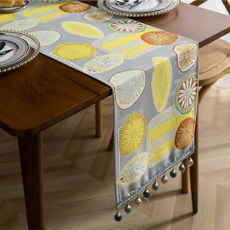 Linen table runner, tablecloth with lemon embroidery and tassels