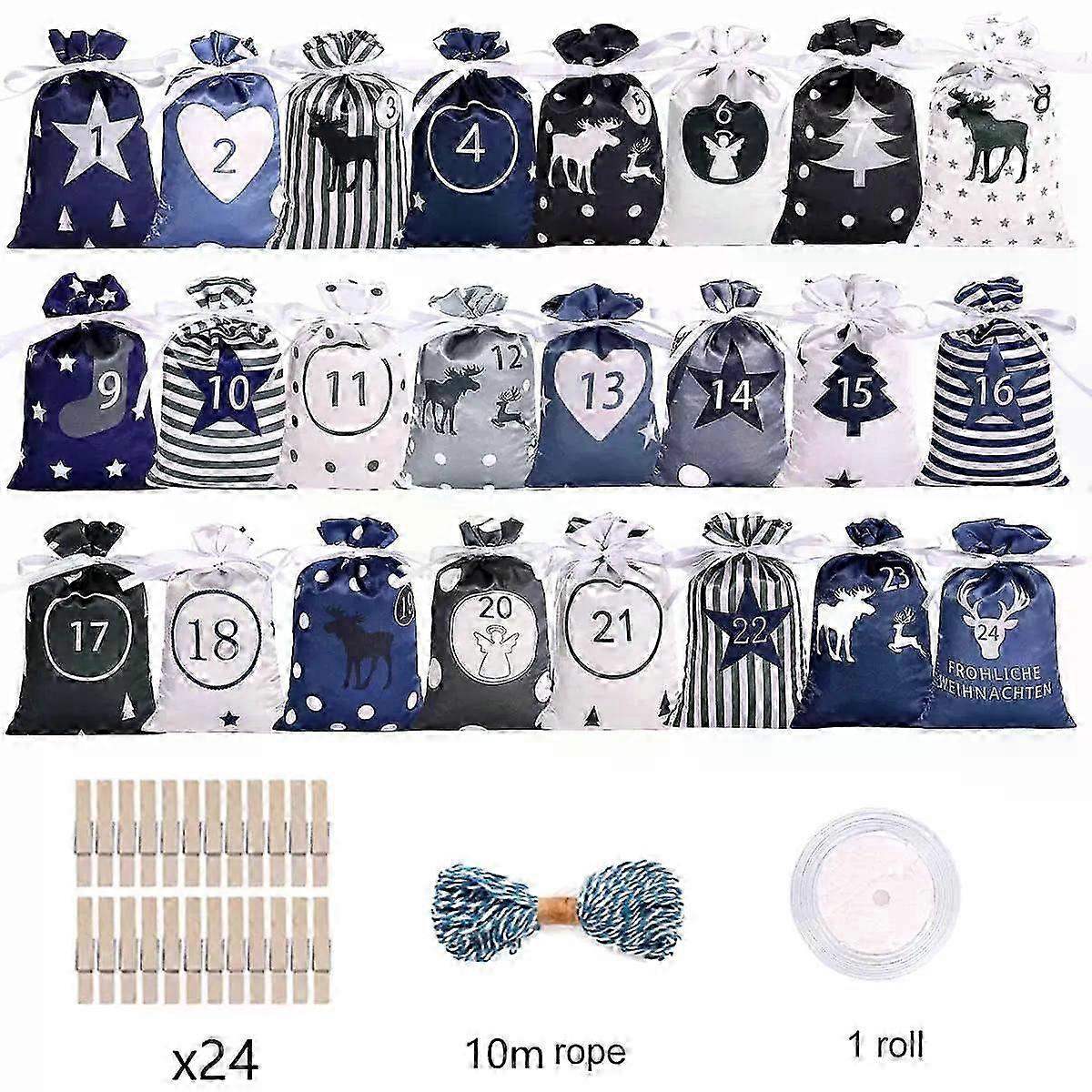 24 Day Advent Bags with Paper Stickers for Crafts, Gift Bag with Drawstring and Clip, Countdown to Christmas 2023.